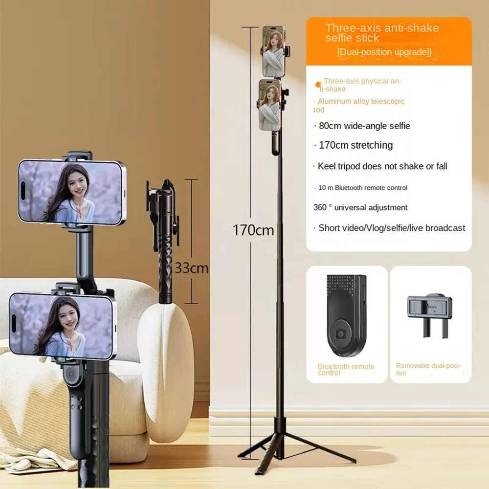 Bastão de selfie – tripé compacto com controlo Bluetooth - 175 cm - Preto